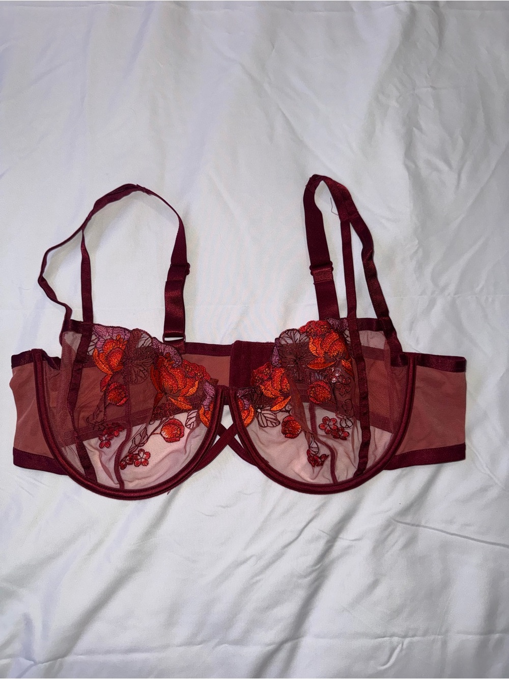 42DD Adore Me Sheer Embroidered Underwire Bra - Burgundy with Orange Floral